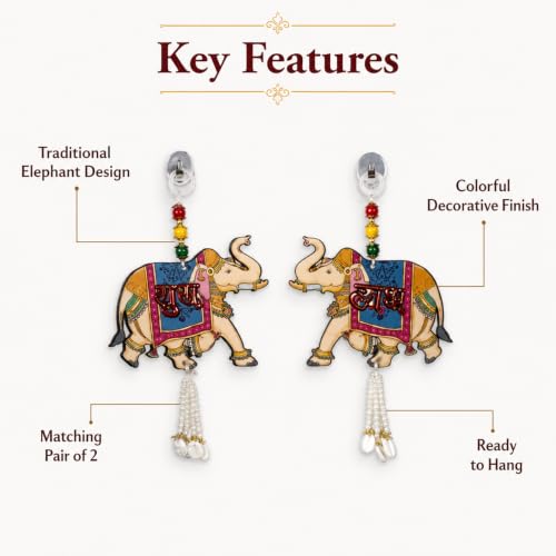 Image of Religious Door Hanging Decor with Pearl Beads & Tassel, Wooden Wall Hanging for Home Temple, Pooja Room, Entrance, Mandir Decoration & Spiritual Gift, Elephant