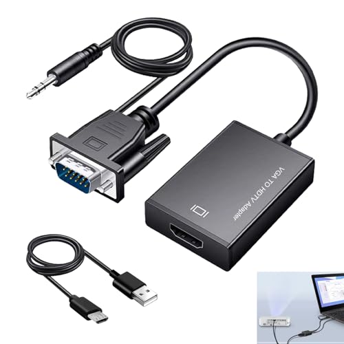 Adaptateur VGA vers HDMI, 1080p Convertisseur VGA Mâle vers HDMI Femelle avec Audio, Câble Unidirectionnel pour Ordinateur Portable, Moniteur, Projecteur, PC vers TV...