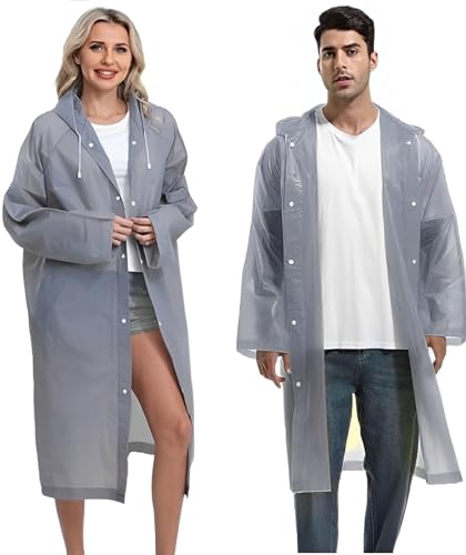JITIFAZH 2 Pack Reusable Raincoat Rain Poncho with Hoods and Sleeves, Rain Jacket for men and women, Waterproof for Emergency, Hiking, Camping, Disney, Family festival, Outdoor(Gray+Gray)