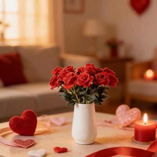 Miniatura 3 de Laelfe 12 Piezas Rosas Artificiales Rojas, 53 Cm Tallo Largo De Flores Artificiales Rojo Para Boda, Ramo De Novia, Decoración De Hogar, Fiesta, Hotel, Aniversario