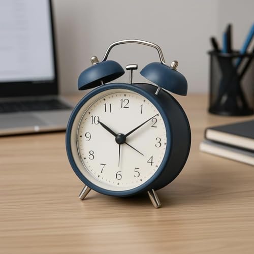 THIMAHI Vintage Twin Bell Analog Display Table Alarm Metal Clock with Night LED Light Heavy Slippers Extra Loud Alarm Clock Ideal for Student and Kids Bedroom (Black) (Blue Round), 12 * 15 Cm