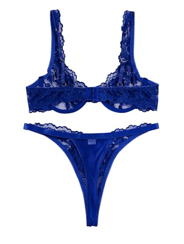 Image of Lilosy Sexy Floral Lace Scallop Underwire Push Up Sheer Lingerie Set Outfits