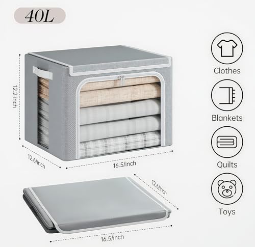 Image of Yecaye Clothes Storage Bins with Metal Frame, 40L Foldable Clothing Storage Bins with Lid, Stackable Zippered Clothes Storage Bags, Oxford Fabric Organizer Box With Clear Window& PU Leather Handles