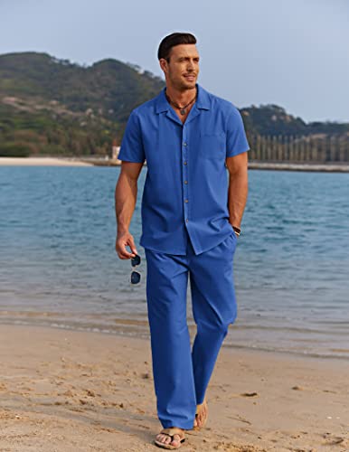 Image of COOFANDY Men 2 Piece Linen Outfit Beach Button Down Shirt Casual Loose Pant Sets