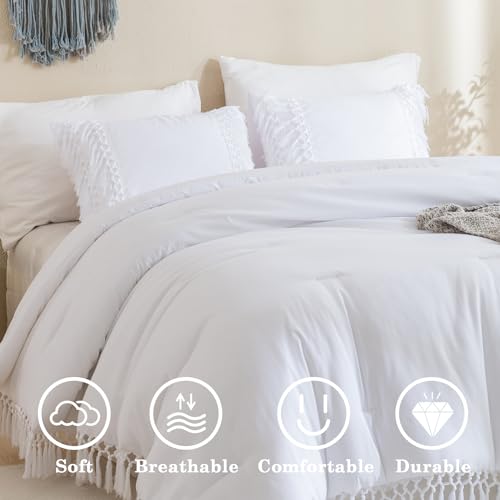 Image of Andency White Full Size Comforter Set, 3 Pieces Boho Tassel Lightweight Soft Bedding Comforter Sets, All Season Fluffy Fringe Bed Set (79x90In Comforter & 2 Pillowcases)
