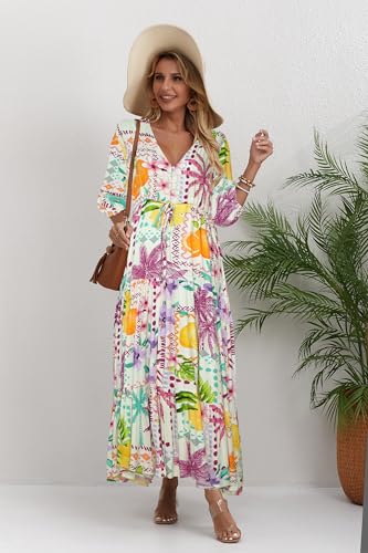 Image of Women Short Sleeve V Neck Floral Print Casual Bohemian Maxi Dresses