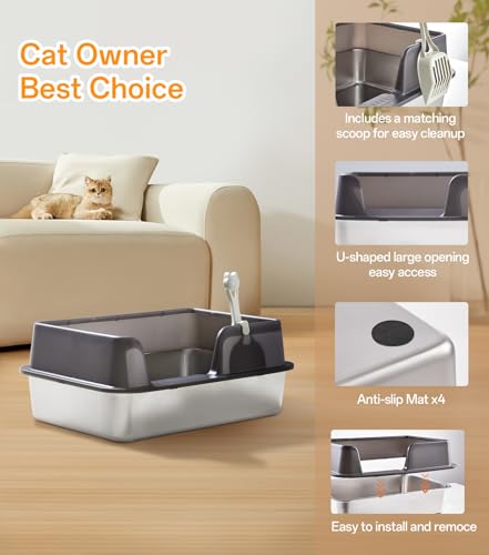 XL Stainless Steel Cat Litter Box, Large Cat Litter Tray with High Sides Anti Leakage, Odor Control, Metal Litter Box with Anti-slip Bottom, Easy Cleaning Kitten Litter Tray for Cats, Black - Image 4