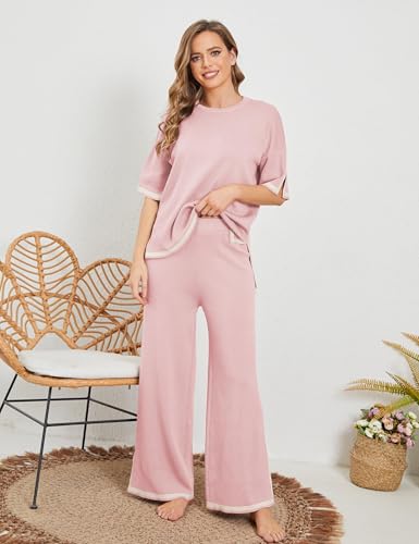 Image of Tanming Sweater Sets Women 2 Piece Lounge Sets Short Sleeve Knit Pullover Tops Wide Leg Pants