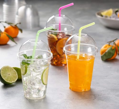Image of Disposable Biodegradable PET Cups with Dome Lids | Transparent Reusable Beverage Glasses for Iced Coffee, Juice, Mocktails, Smoothies, Party, Cafe & Event Serving Cups (50, 250ml)