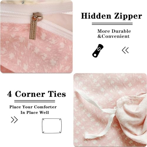 Image of Floral Duvet Cover Twin Size Reversible White Pink Botanical Flower Bedding Set with Zipper Closure Garden Spring Plants Printed Soft Microfiber Comforter Cover Set with 1 Pillowcase
