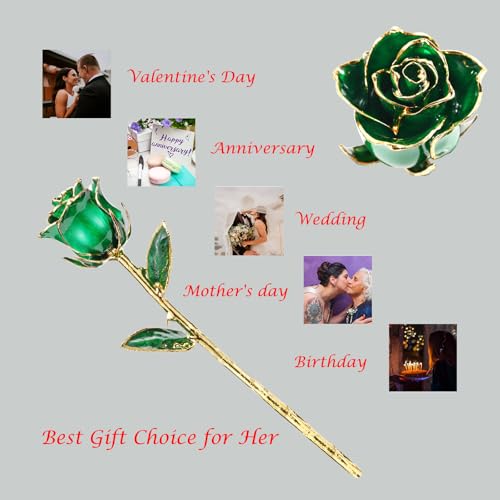 Image of 24K Gold Real Rose, Gold Dipped Rose Made from Real Rose Best Gifts for her and Great Gifts for Mom (Green Original Rose with Stand)