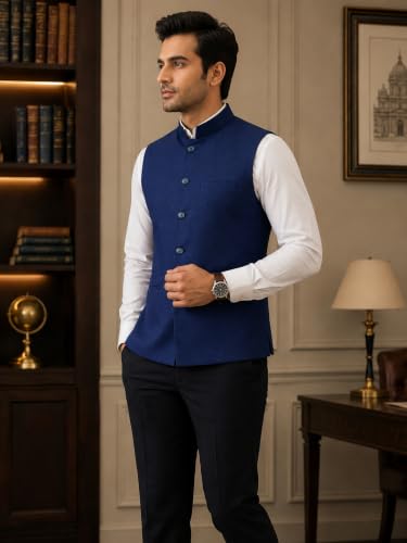 Image of LATEST CHIKAN Men's Nehru Jacket | Mandarin Collar Ethnic Waistcoat | Regular Fit Modi Jacket for Weddings Wear