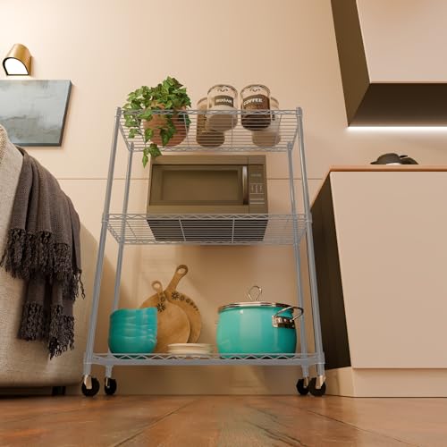 Image of 3-Shelves Wheels Heavy Duty Steel Storage Rack | Multipurpose Shelving Unit for Kitchen, Home & Utility | Grey, 3 Shelves Wheels