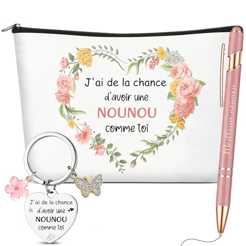 Xuniea 3 Cadeau Nounou Porte Clef Trousse de Toilette Pochette de Maquillage Stylo à Bille Rétractable Cadeau Remercier Nounou pour Noël Anniversaire Fin d'Année Fin...