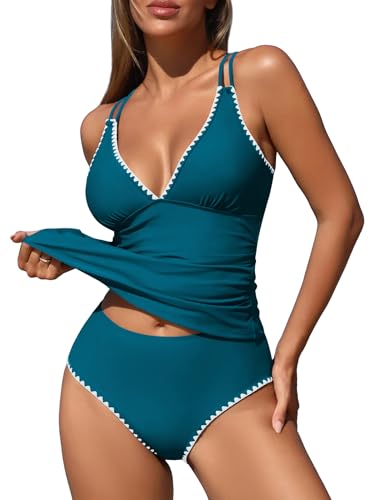 Image of ZAFUL Womens Tankini Swimsuits V Neck Push Up Swim Top Color Block Tummy Control High Waisted Bathing Suits Swim Bottom