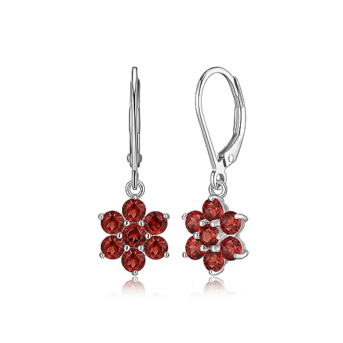 MORGAN & PAIGE .925 Sterling Silver Flower Cluster Leverback Dangle Drop Earrings for Women - Garnet Birthstone Elegant Gemstones Hypoallergenic Sterling Silver Earrings, Comfortable and Secure Fit