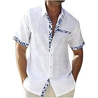 Men's Cotton Linen Short Sleeve Shirts UK Sale Clearance Floral/Plaid Printed Patchwork Button Down Hawaiian Shirts Summer Vacation Beach Shirts Lightweight Regular Fit Casual Tops