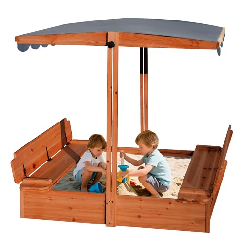 RUNSHED Wooden Sandbox with Lid & Canopy Cover, 48x48 Large Outdoor Sand Box for Kids Ages 4-8, with Foldable Bench Seats, UV-Resistant & Adjustable Height Roof & Bottom Liner
