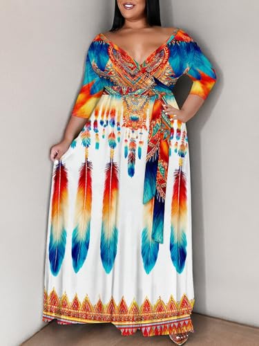 Image of SUZONANA Plus Size Maxi Dresses for Curcy Women Casual Loose 3 /4 Sleeve Long Dress with Belt