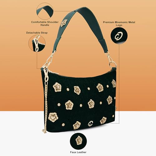 Image of Caprese Sapphire Small Hobo Bag for Women | Embroidery Velvet Sling Bag with Decorative Metal Flowers & Detachable Chain | Ideal for Festive Occasions