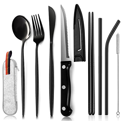 Odoland Ensemble de Couverts Transportables 9pcs, Set Couverts de Camping avec Couteau à Steak, Couverts Pique-Nique en Acier Inoxydable Réutilisables avec étui, pour Bureau, école, et Camping. Noir Cover