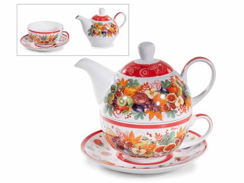 Set Tea for One – Teiera con Tazza e Piattino in Porcellana Decorata – Motivo Frutti d’Autunno – Idea Regalo, Servizio da Tè Elegante 370 ml