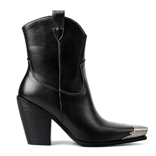 Image of Cowboy Ankle Boots for Women Engraved Steel Toe Cowgirl Boots Stacked Block Heels Short Cowboy Boot Fashion Dressy Western Country Booties