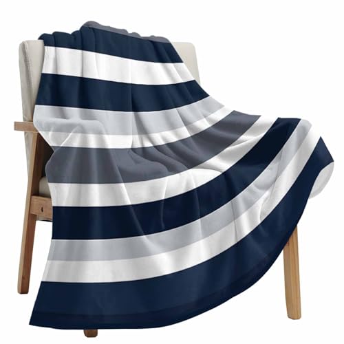 Fleece Throw Blanket, Horizontal Stripe Navy Blue White Gray Soft