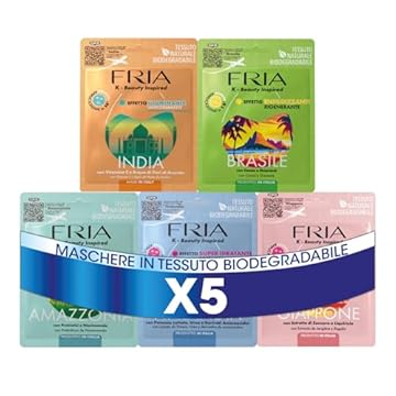 Fria K-Beauty Kit 5 Maschere in Tessuto Biodegradabile Ispirate alla Skin Care Coreana, Adatte ad Ogni Tipo di Pelle, Effetto: Detox, Illuminante, Energizzante, Purificante e Idratante