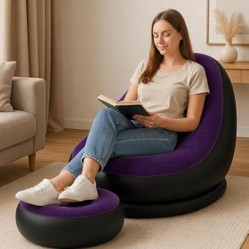 Image of Inflatable Lounge Chair for Adults with Ottoman, Foldable Air Sofa Couch, Portable Blow Up Chair for Living Room Bedroom, Comfortable Indoor Seating, 150 kg Capacity (Purple)
