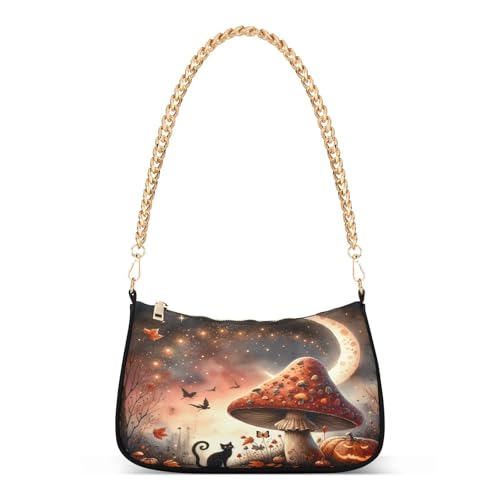 Watercolor Halloween Mushroom Shoulder Bag for Women, Handbag with Chain Strap, Soft Purse Tote Bag for Ladies