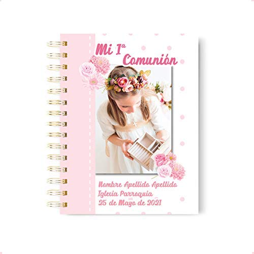 Onepersonal - Libreta Personalizada primera comunión | Cuaderno Personalizable niña para regalo de primera comunión para añadir Foto y texto | Diseño flores (PACK 75 UNIDADES) Cover