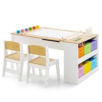 COSTWAY Kids Art Table and Chair Set, Wooden Toddler Craft Easel Desk with 2-Tier Open Shelf, Storage Bins, Paper Roll, Paint Cups, Children Play Activity Furniture