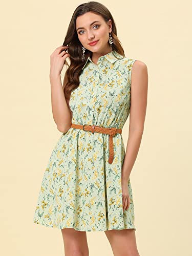 Image of Allegra K Women's Floral Printed Half Placket Above Knee Summer Sleeveless Belted Dress
