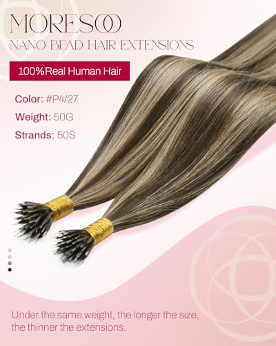 Image of Moresoo Nano Ring Hair Extensions Human Hair, Strawberry Blonde, 24 Inch | 50g 50 strands, extra-long straight length, medium brunette strawberry blonde, weddings, parties and fashion styling