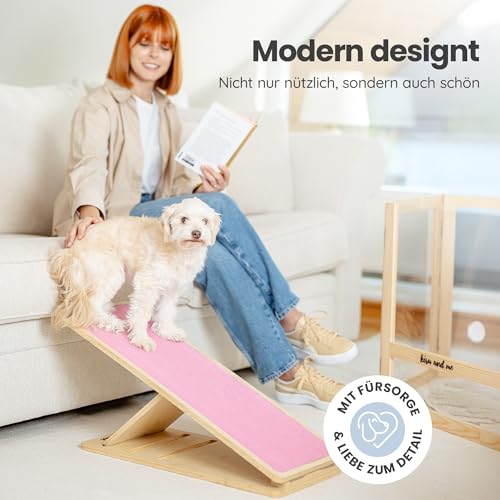 Ruby Hunderampe [höhenverstellbar] Hundetreppe aus massivem Holz – klappbar & rutschfest | Holzrampe Dog Stairs, kleine Hunde Haustiertreppe | 30-50cm (Rosa, M)