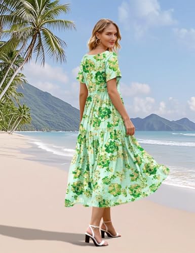 Image of YESNO Women's Summer Maxi Dresses Casual Floral Short Sleeve V Neck Boho Beach Vacation Swing Dress with Pockets EVF