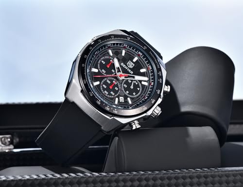 Image of BENYAR Men's Chronograph Sport Watch - Stainless Steel Case with Black Silicone Band, Tachymeter Bezel, Waterproof Quartz Wrist Watch