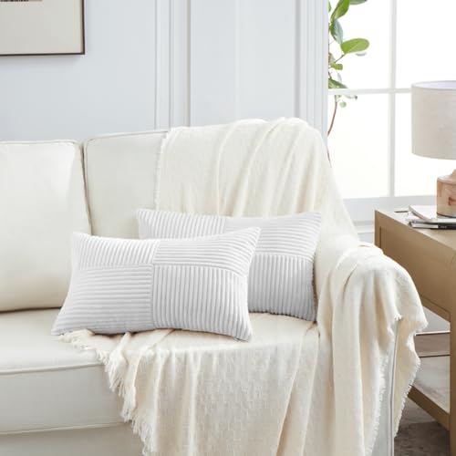 Image of Fancy Homi 2 Packs White Lumbar Decorative Throw Pillow Covers 14x24 Inch for Couch Bed Sofa, Rustic Farmhouse Boho Home Decor, Soft Striped Corduroy Rectangle Accent Cushion Case 35x60 cm