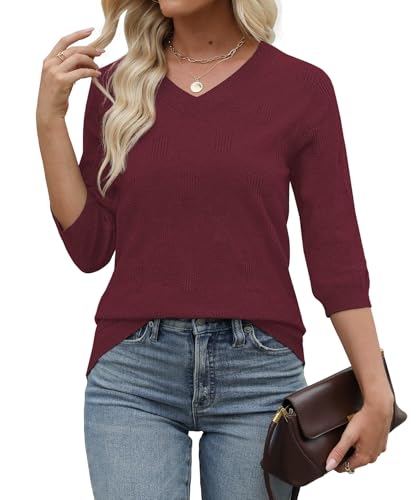 Image of Womens Sweaters 3 /4 Sleeve Tops V Neck Shirts Loose Casual Tunic Blouses