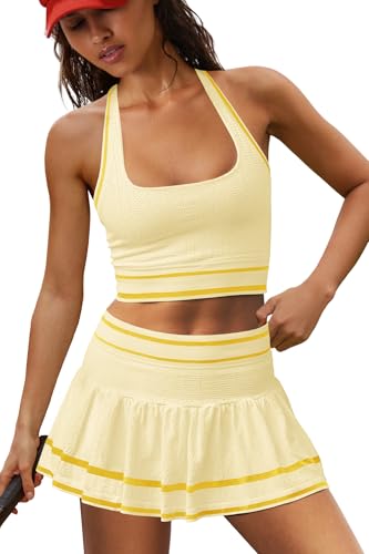 LAMISSCHE Tennis Skirt Sets Women 2 Piece Outfits Summer Yoga Skort Set Seamless Halter Top and Skirt with Pockets
