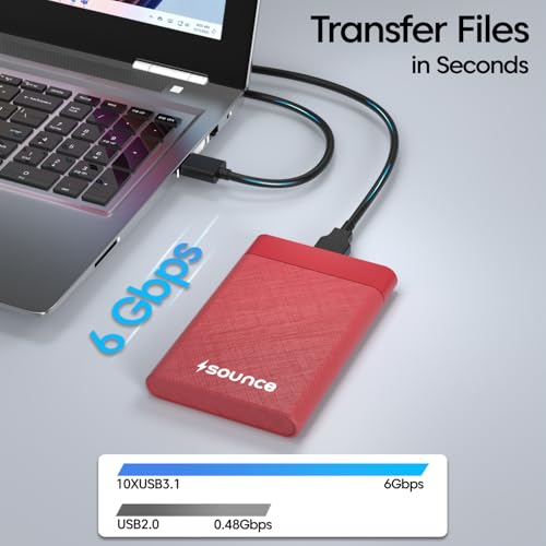 Image of Sounce 2.5 Inch SATA USB 3.0 HDD / SSD Portable External Hard Disk Enclosure 7 MM and 9.5 MM Tool Free , Supports UASP Max Upto 6TB (Red)