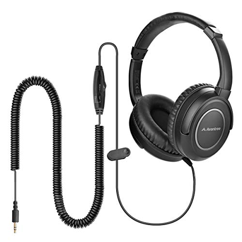 Avantree HF039 Auriculares Largos para TV, Cable de Extendido de 16,4 pies / 5M, Auriculares Diadema Cable, Salida de Audio de 3,5 mm, con Bobina espiralen Cable y Control de Volumen en línea