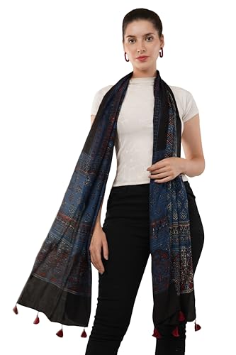 Exclusive hand block-printed, natural dyed Modal silk Ajrakh stole,Scarf, Warm Stole, Indian handmade silk stole/scarf with tassels(Design-7)2