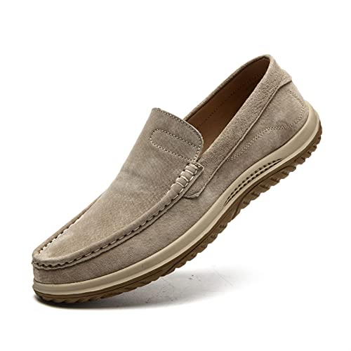 Men's Loafers Genuine Leather Stitching Details Round Toe Suede Vamp Flat Heel Slip Resistant Lightweight Casual Outdoor Slip-on
