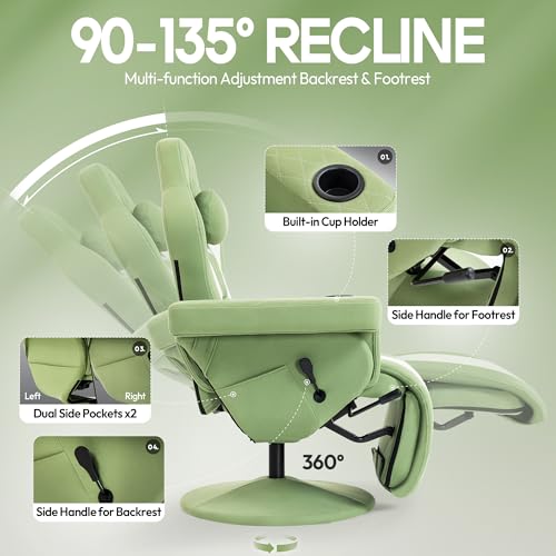Dowinx Racing Style Gaming Recliner Chair with Massage Lumbar Support, Footrest, Cup Holder, Side Pouch, High Back Ergonomic Video Game Chair Reclining No Wheels Heavy Duty, Fabric Green - Image 6