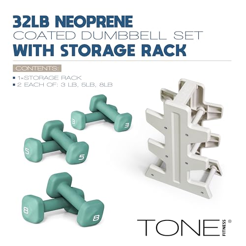 Image of Tone Fitness Neoprene Dumbbell Set with Storage Rack - Non-Slip, Anti-Roll Hand Weights for Home Gym Workouts | 20 lb, 32 lb, 50 lb, 60 lb & 100 lb Options