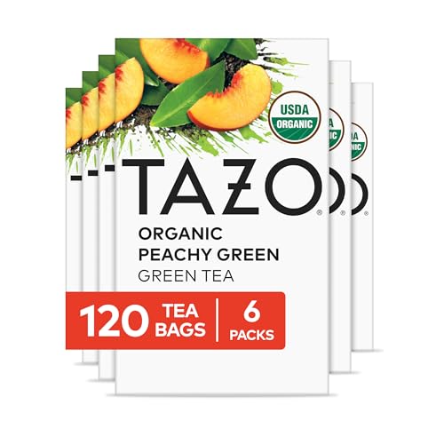 TAZO Organic Peachy Green Tea Bags, Green & Black Tea Blend with Sweet Peach Flavor, Caffeinated Tea, 120 Total Bags (20ct - Pack of 6)