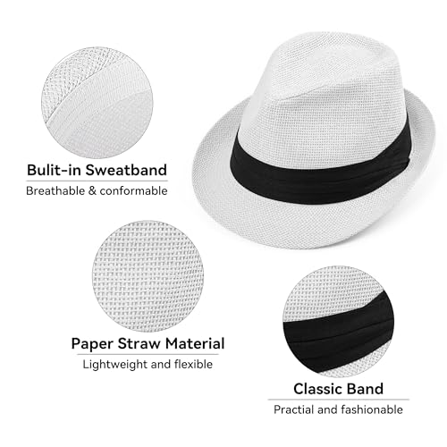 Image of Straw Trilby Fedora Hat for Men Women 1920s Panama Hat Short Brim Summer Beach Sun Hat with Band