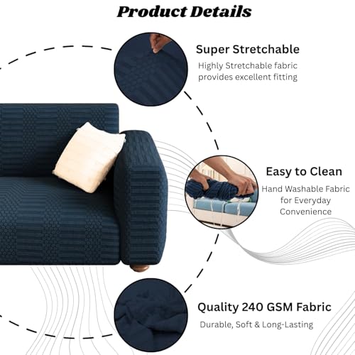 Image of Lukzer 1 Seater Pastel Marine Blue Dotted Stripe Pattern Sofa Cover | 240 GSM Universal Stretch Fit Jacquard Fabric Couch Protector | Fully Covered Anti Slip & Washable Sofa Cover (SC-134-01 /90-140cm)